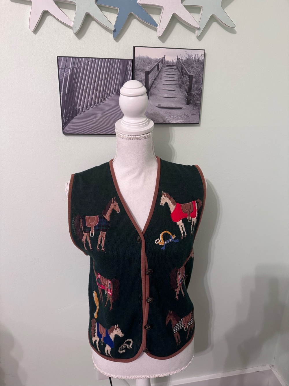 Susan Bristol Dark Green Knit Vest with Brown Trim and Colorful Embroidery